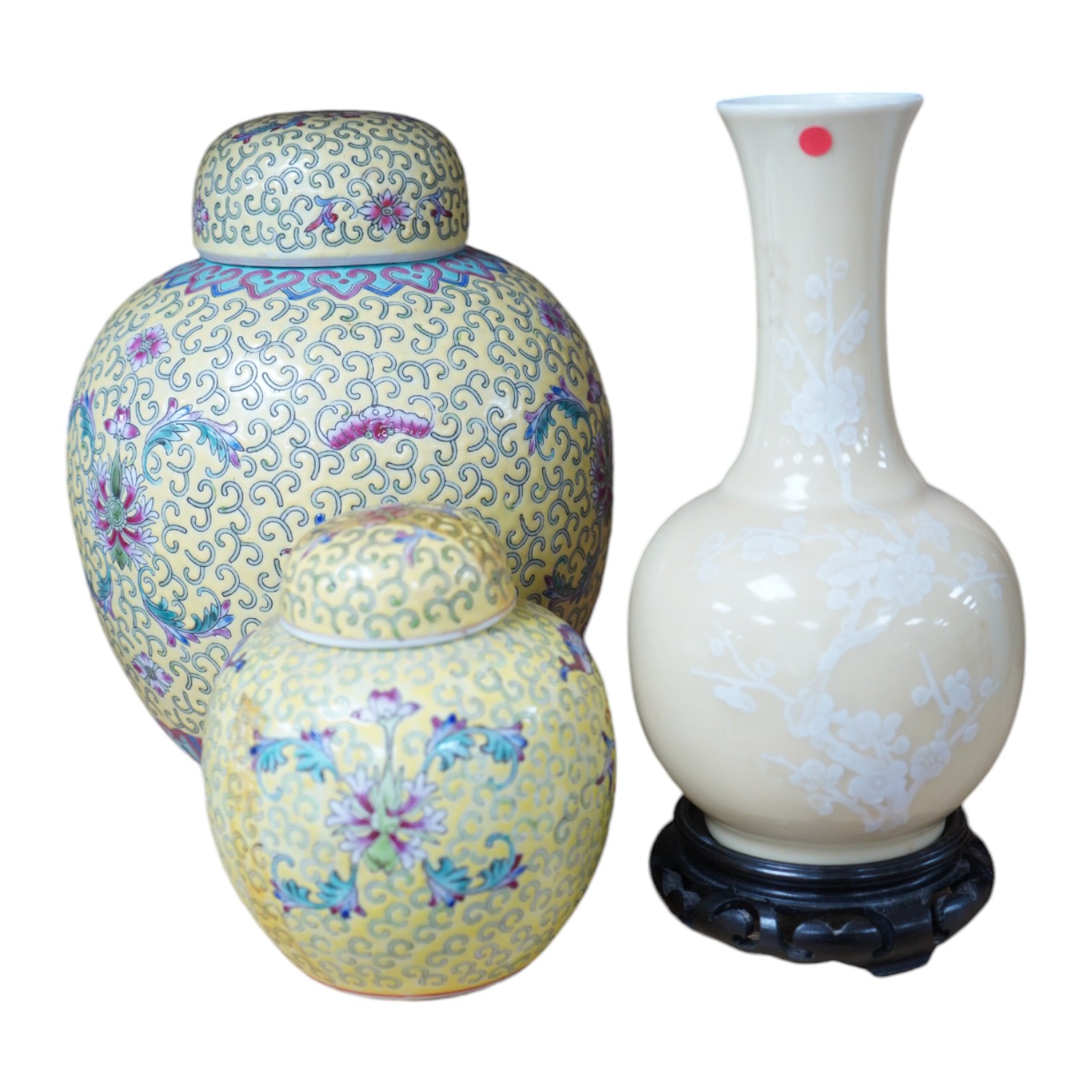 Two Chinese yellow ground ginger jars and similar vase. Condition - fair to good